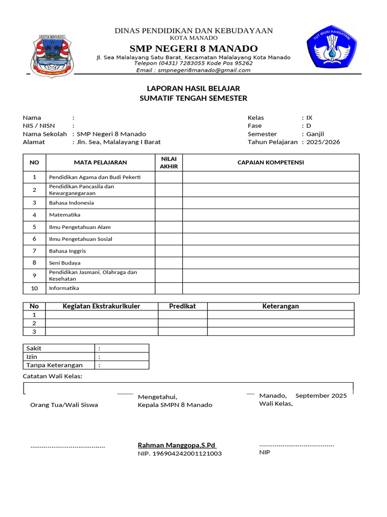 Format Rapor Mid Sem 2025 Kelas 9 | PDF