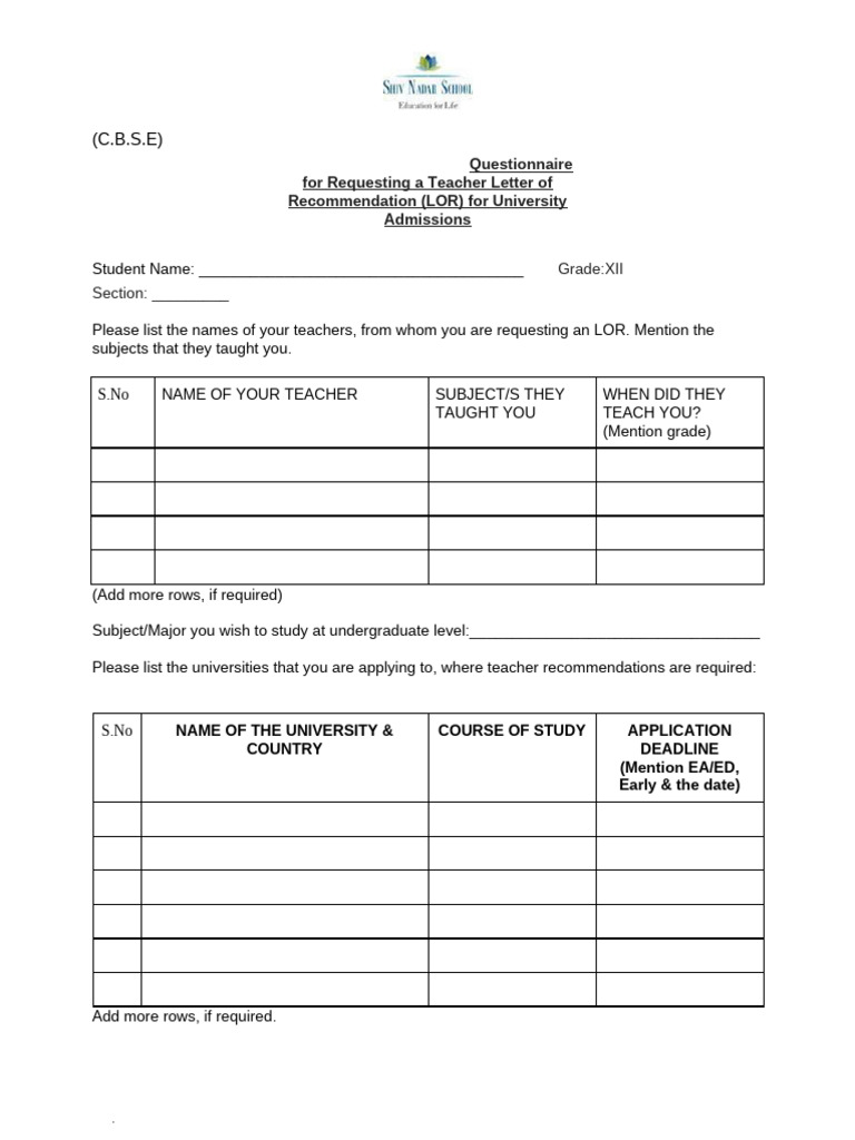 C.B.S.E Teacher LOR Request Form 2025 | PDF | Teachers | Behavior ...