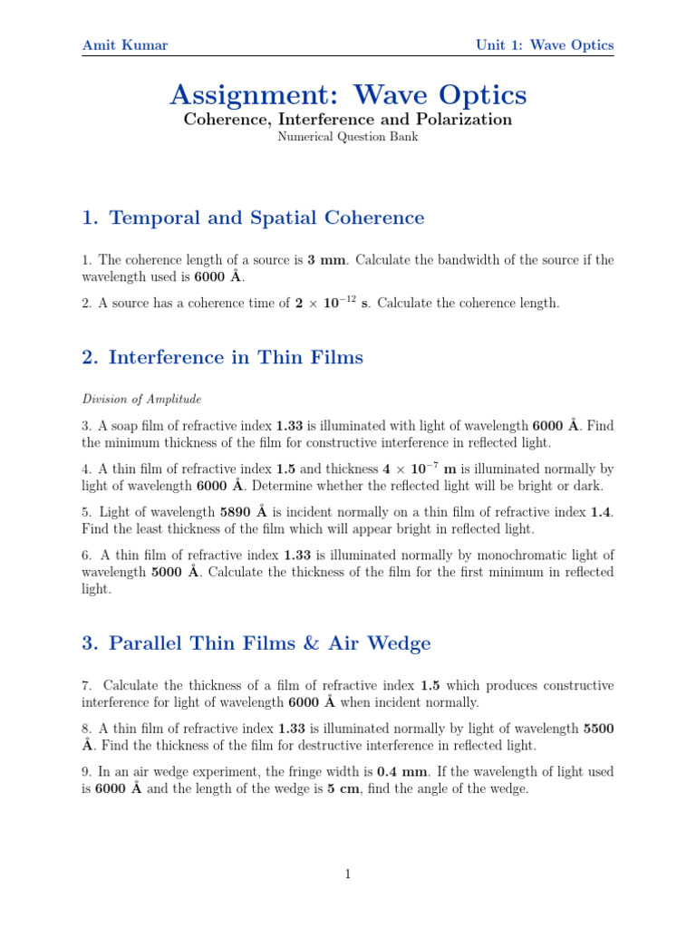 IGDTUW Interference Unit 1 Assignment | PDF | Coherence (Physics ...