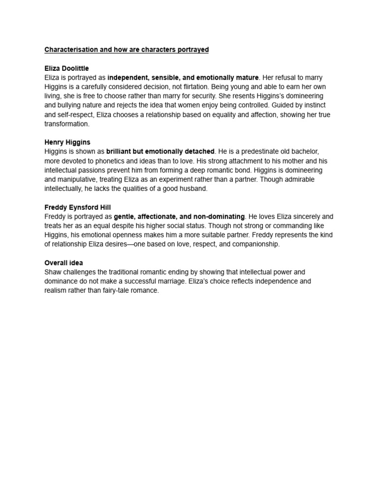 Pygmalion (Characterisation and How Characters Are Portrayed | PDF