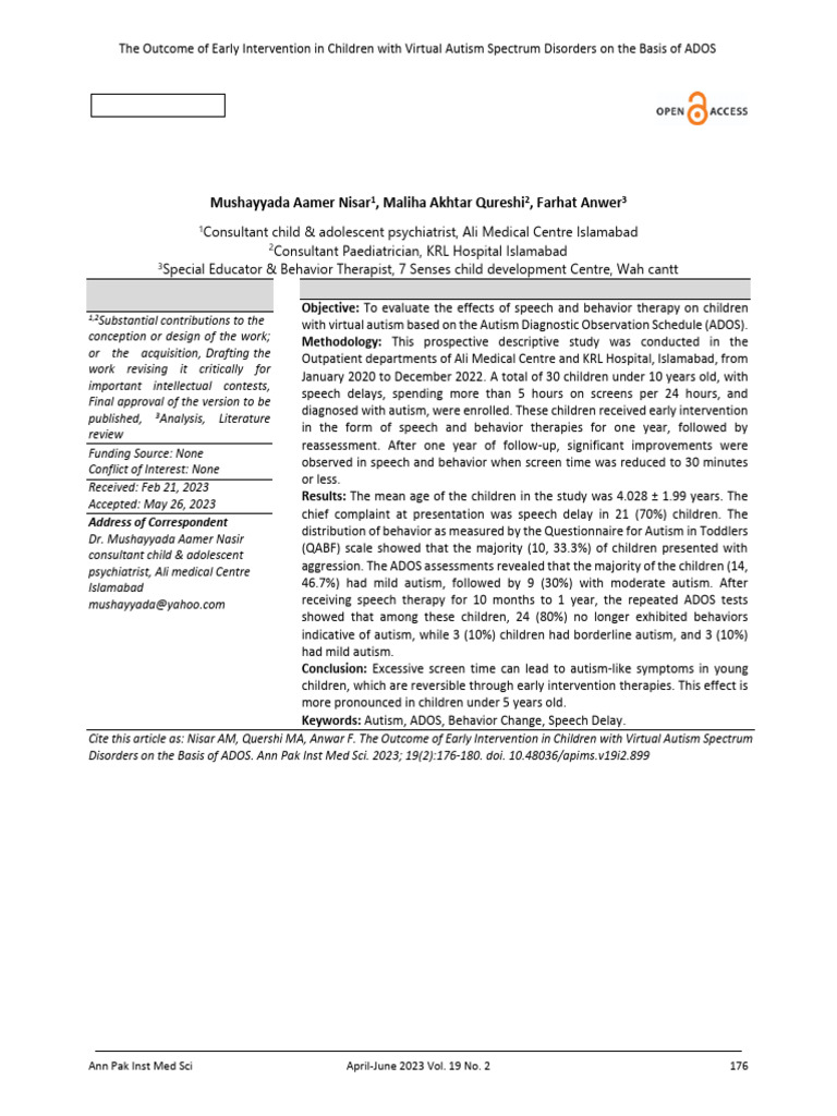 The Outcome of Early Intervention in Children With Virtual Autism ...