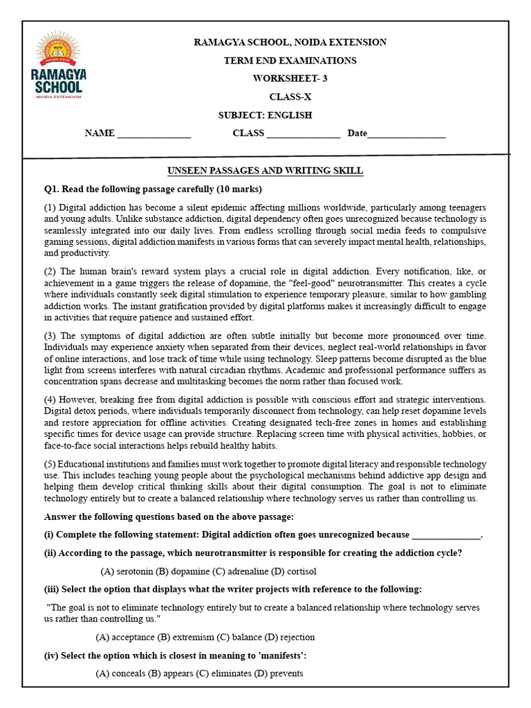 Worksheet 10 3 Unseen Passage Writing Skills | PDF