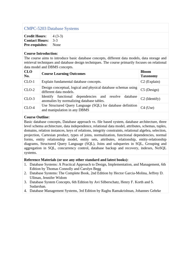 Course Outline - Database Systems | PDF