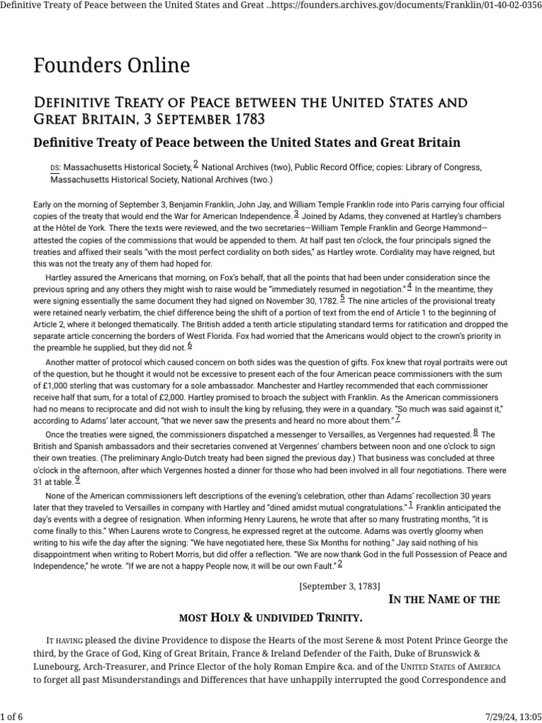 Definitive Treaty of Peace Between The United States and Great | PDF ...