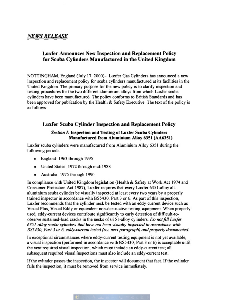 LUXFER Luxfer Scuba Cylinder Inspection and Replacement Policy | PDF