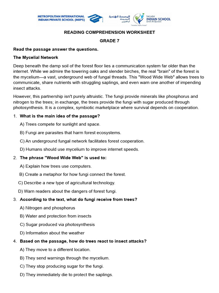 Reading Comprehension Worksheet - Grade 7 | PDF | Trees | Ecology