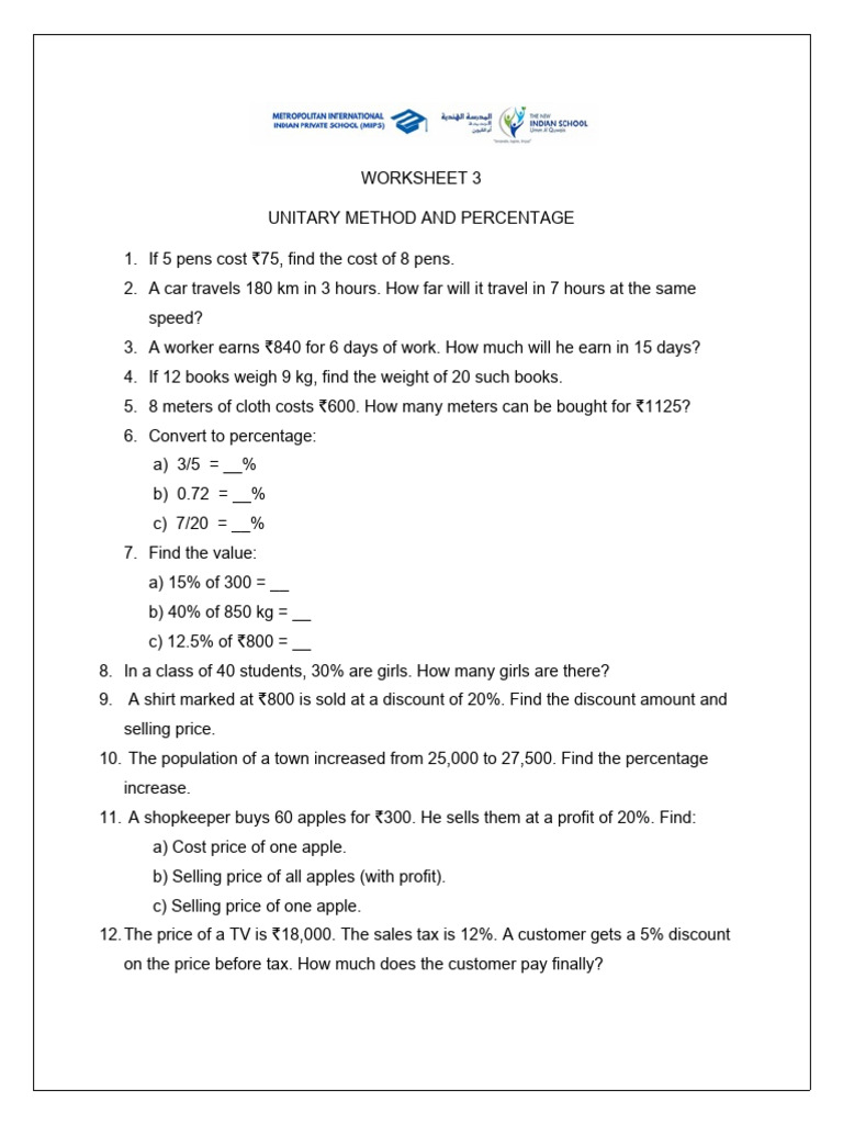 Worksheet 3 - Unitary Method and Percentage | PDF