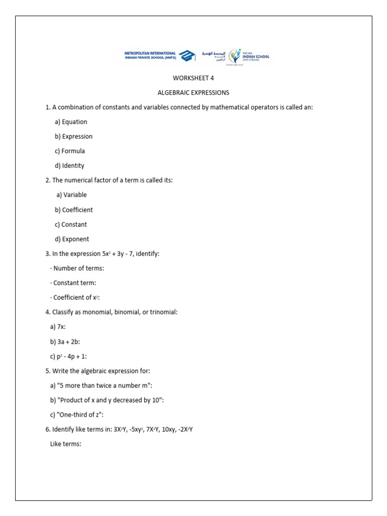 Worksheet 4 - Algebraic Expressions | PDF