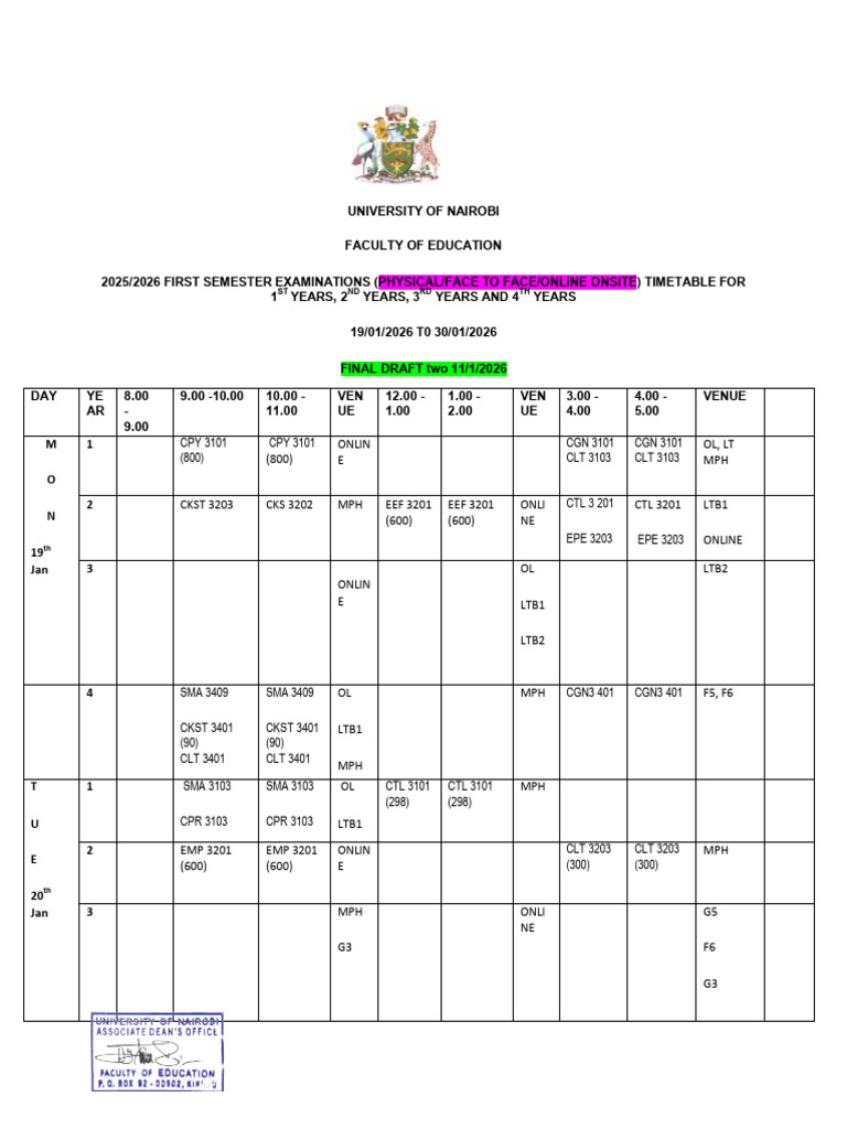Exam Timetable January 2026 | PDF