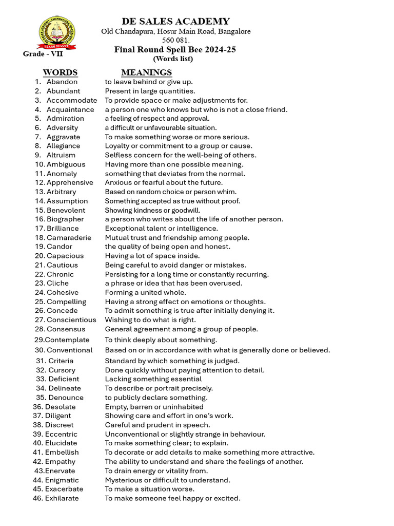 Grade 7 Final Round Spell Bee Words List 2024-25 | PDF | Psychological ...