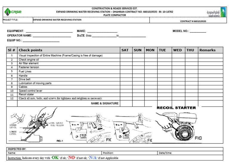 Plate Compactor Daily Inspection Checklist Safety Inspection Checklist ...