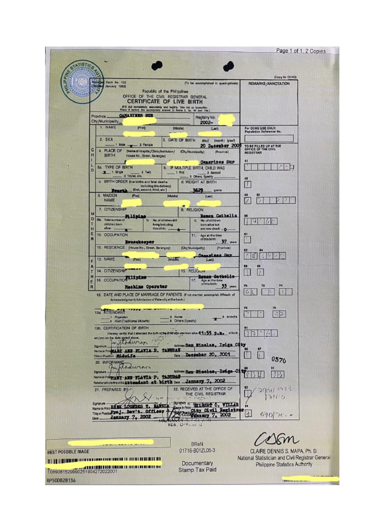 Sample BIRTH CERTIFICATE PSA Copy With Corresponding Official Receipt | PDF