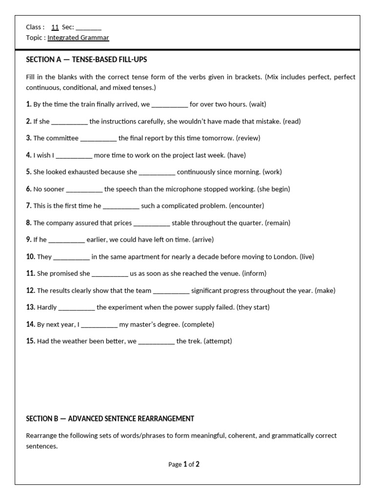 WS - Perfect Tenses Fill Ups & Rearrangement - Class 11 | PDF ...
