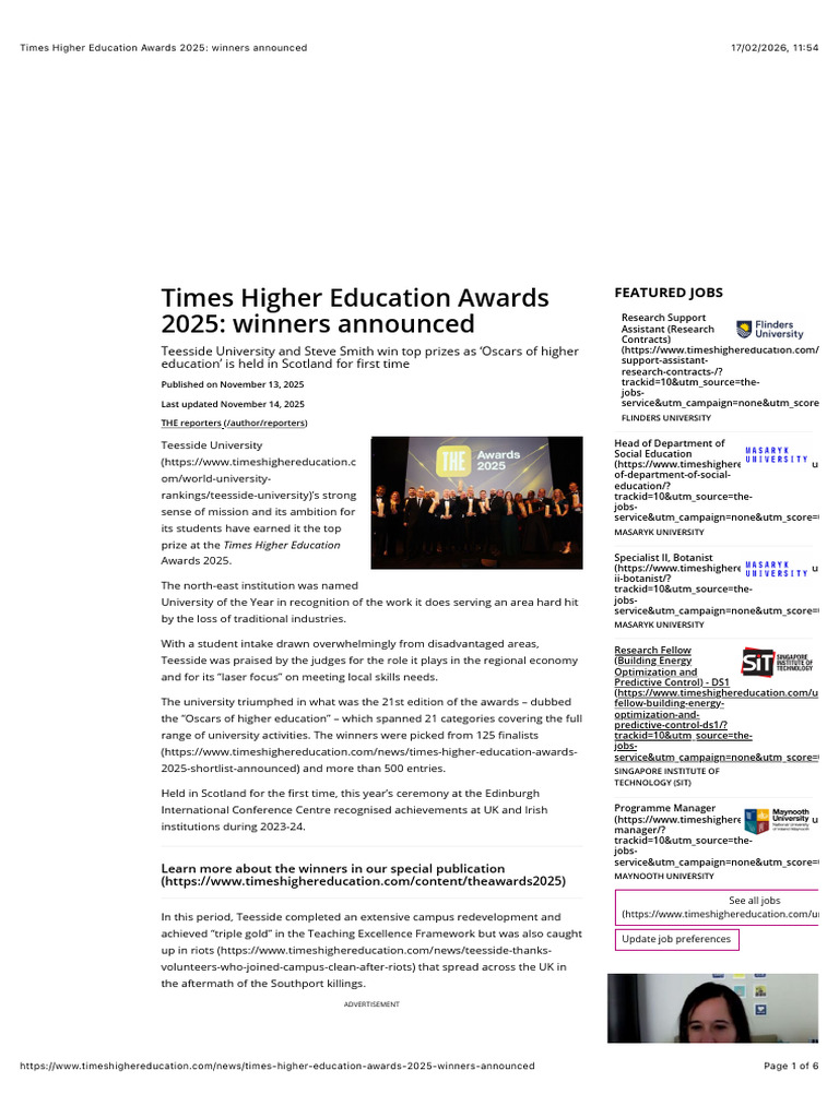 Times Higher Education Awards 2025: Winners Announced | PDF