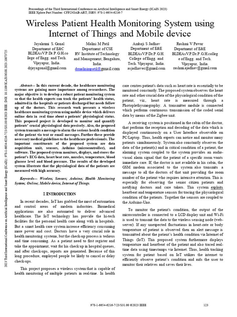 Wireless Patient Health Monitoring System Using Internet of Things and ...