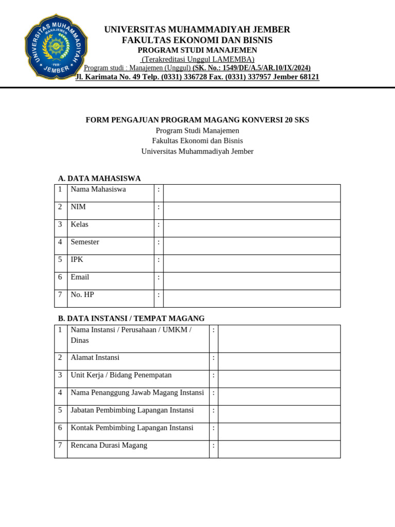 Form Pengajuan Magang Prodi Manajemen 2025 | PDF