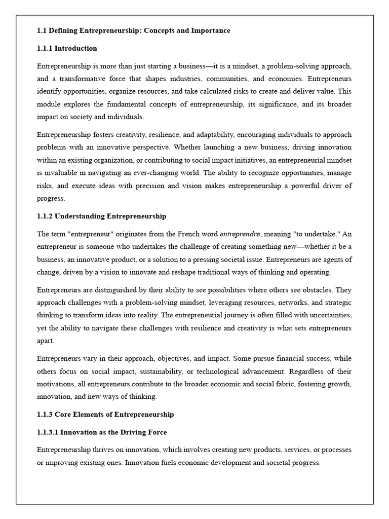1.1. Defining Entrepreneurship - Concepts and Importance | PDF ...