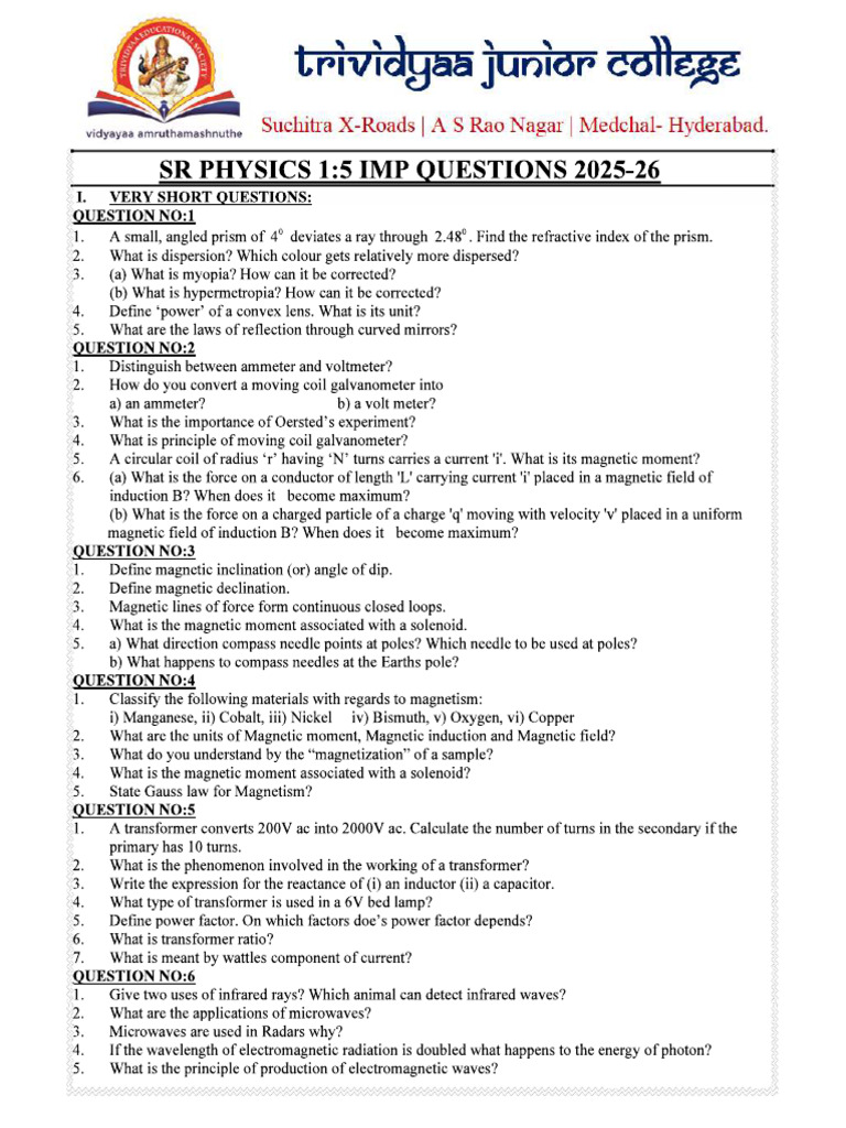 SR Physics Imp Questions | PDF