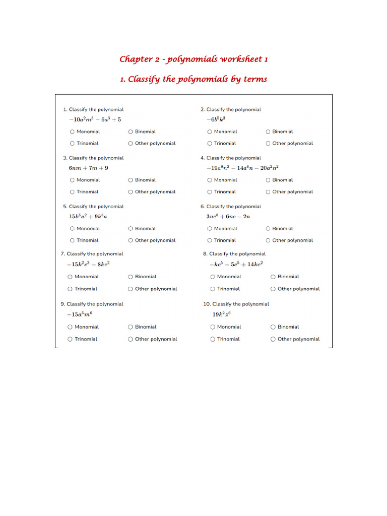 Chapter 2 - Polynomials Worksheet 1 1. Classify The Polynomials by ...
