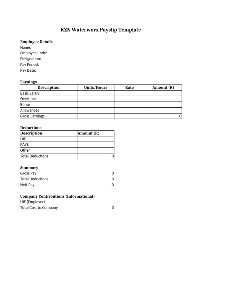 KZN Payslip Template With Formulas | PDF
