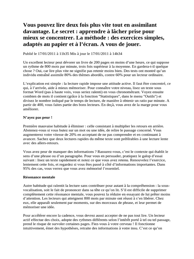 Vous Pouvez Lire Deux Fois Plus Vite Tout en Assimilant Davantage | PDF ...