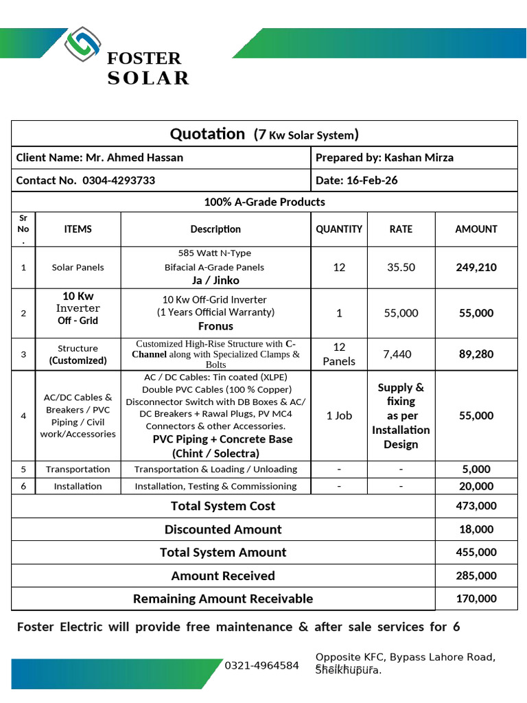 7 KW Mr. Ahmed Hassan Off-Grid Solar System Quotation | PDF ...