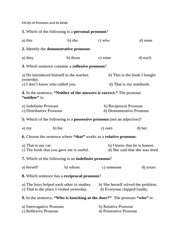 MCQS of Pronoun and Its Kinds | PDF
