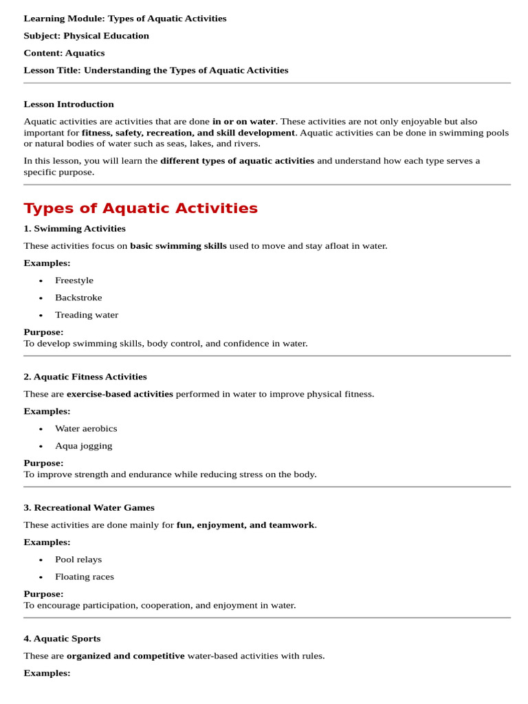 Aquatics Learning Module | PDF | Swimming | Water