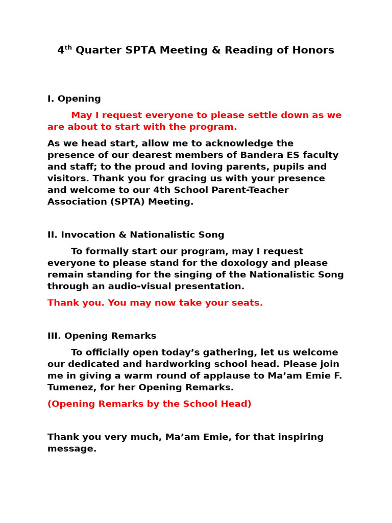 4th Quarter SPTA Meeting (EMCEE Script) | PDF
