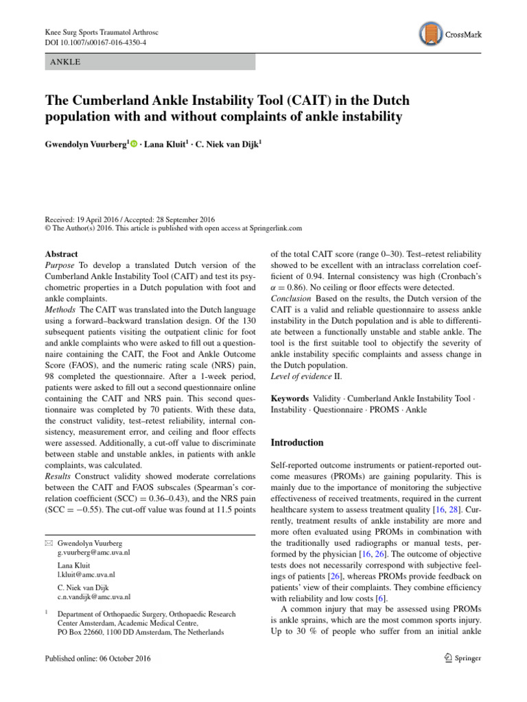 The Cumberland Ankle Instability Tool CAIT in The | PDF | Validity ...