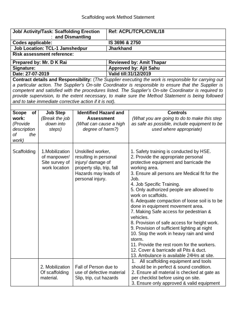 Scaffolding Method Statement Final | PDF | Scaffolding | Stairs