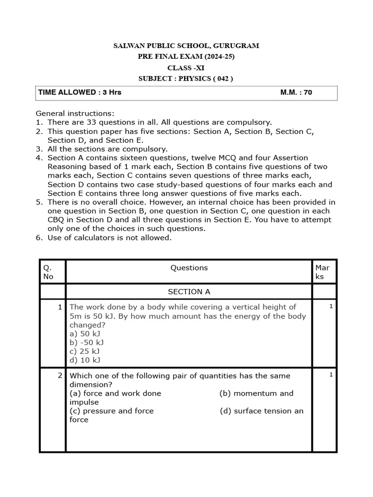 Class XI Pre Final Physics (2024-25) | PDF | Neutron | Collision