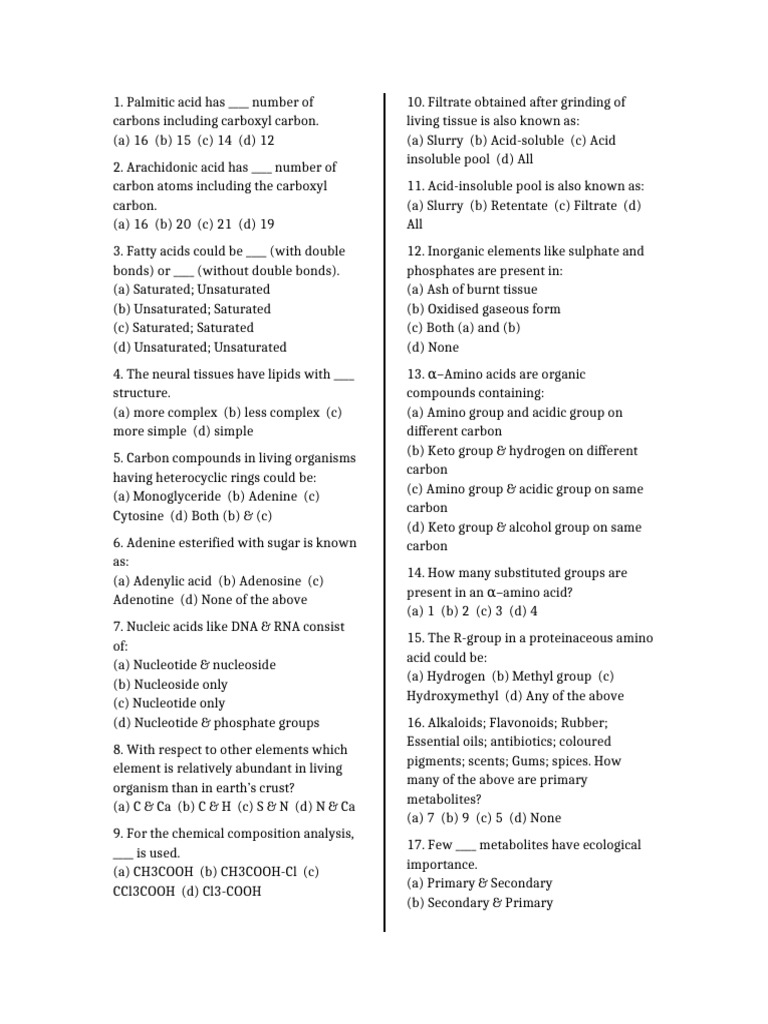Biomolecules Questions Two Column With Line | PDF | Fatty Acid ...