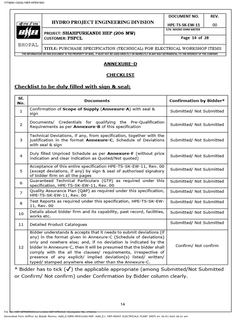 Annexure D BHEL Bhopal Check List | PDF | Specification (Technical ...