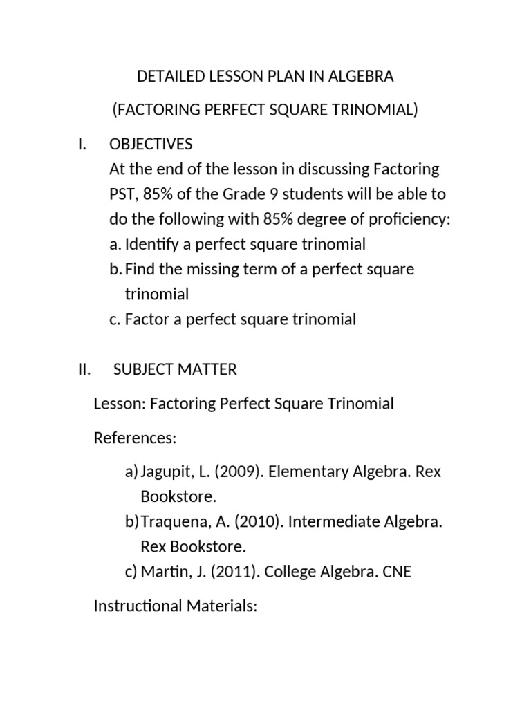 Detailed Lesson Plan in Algebra | PDF | Mathematics