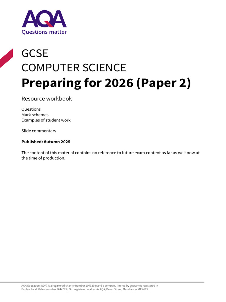GCSE Computer Science Preparing For 2026 (Paper 2) Resource Workbook ...