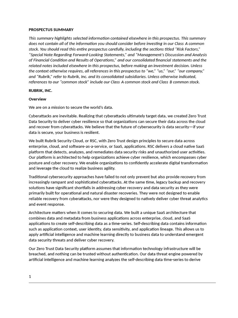 Rubrik Prospectus Extracts About The Company | PDF | Computer Security ...