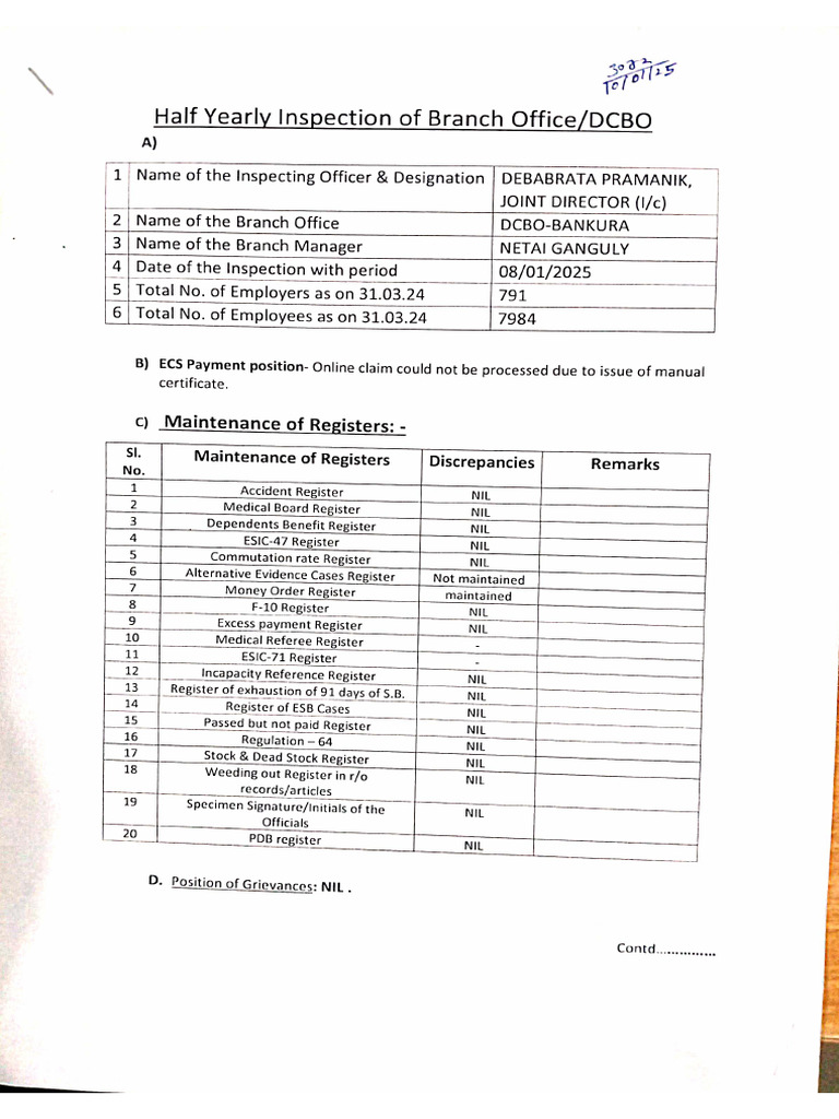 Half Yearly Inspection of Branch Bankura | PDF