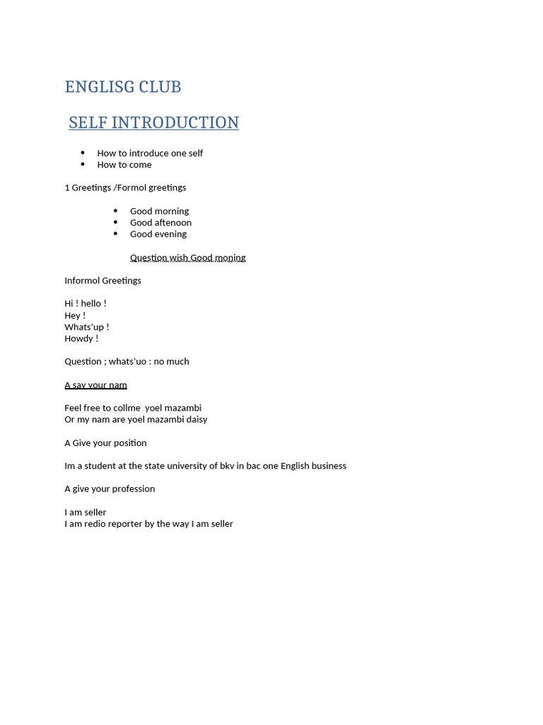 Englisg Club Self Introduction | PDF