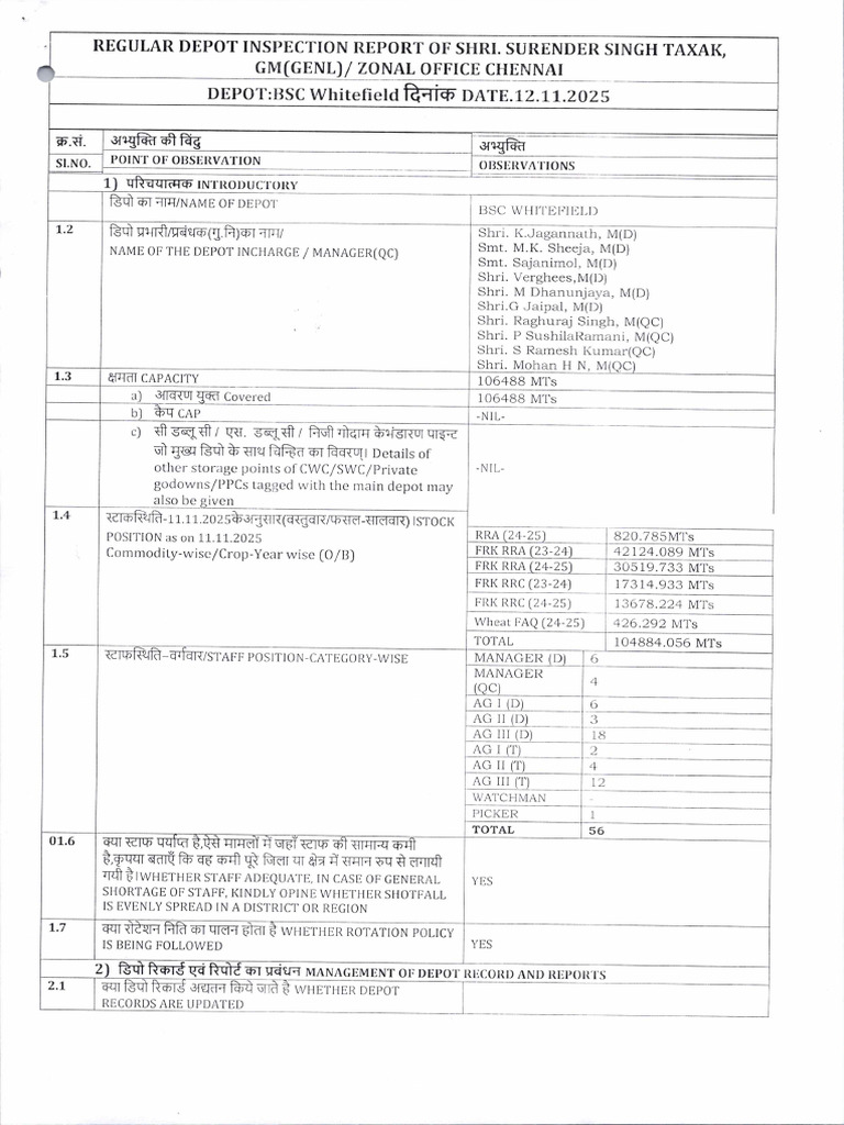 BSC Whitefield Inspection by Shri S.S.taxak - 1 | PDF