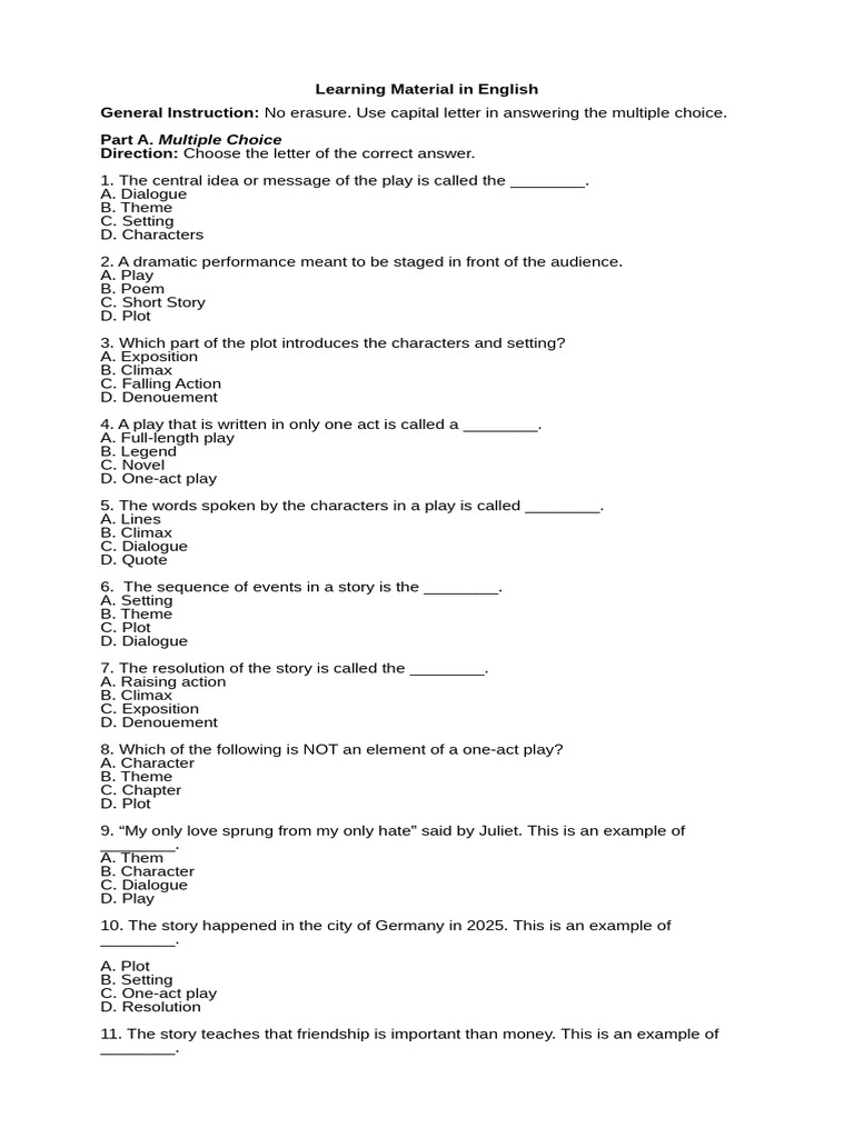 Worksheet For One-Act Play | PDF | Plot (Narrative)