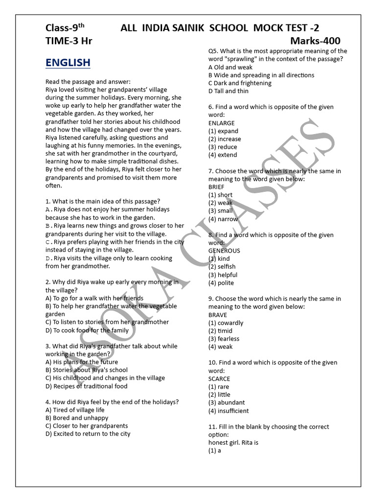 Class 9 All India Sainik School Mock Test - 2 | PDF