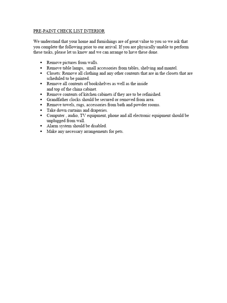 Pre-Paint Check List Interior | PDF