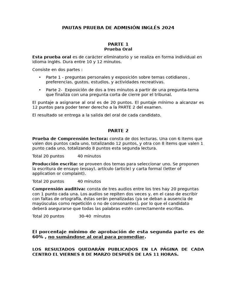 2024 Pautas Pruebas de Inglés | PDF