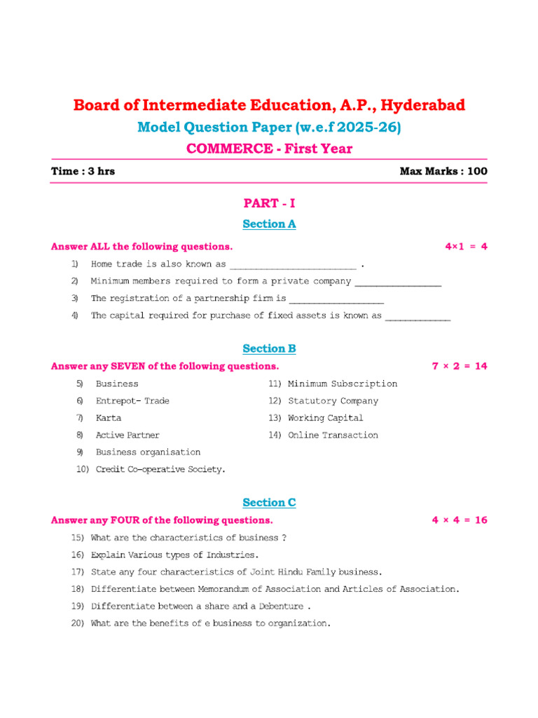 Commerce - 1 Yr - Model Paper - E.M - 13-08-2025 - 3 PDF | PDF
