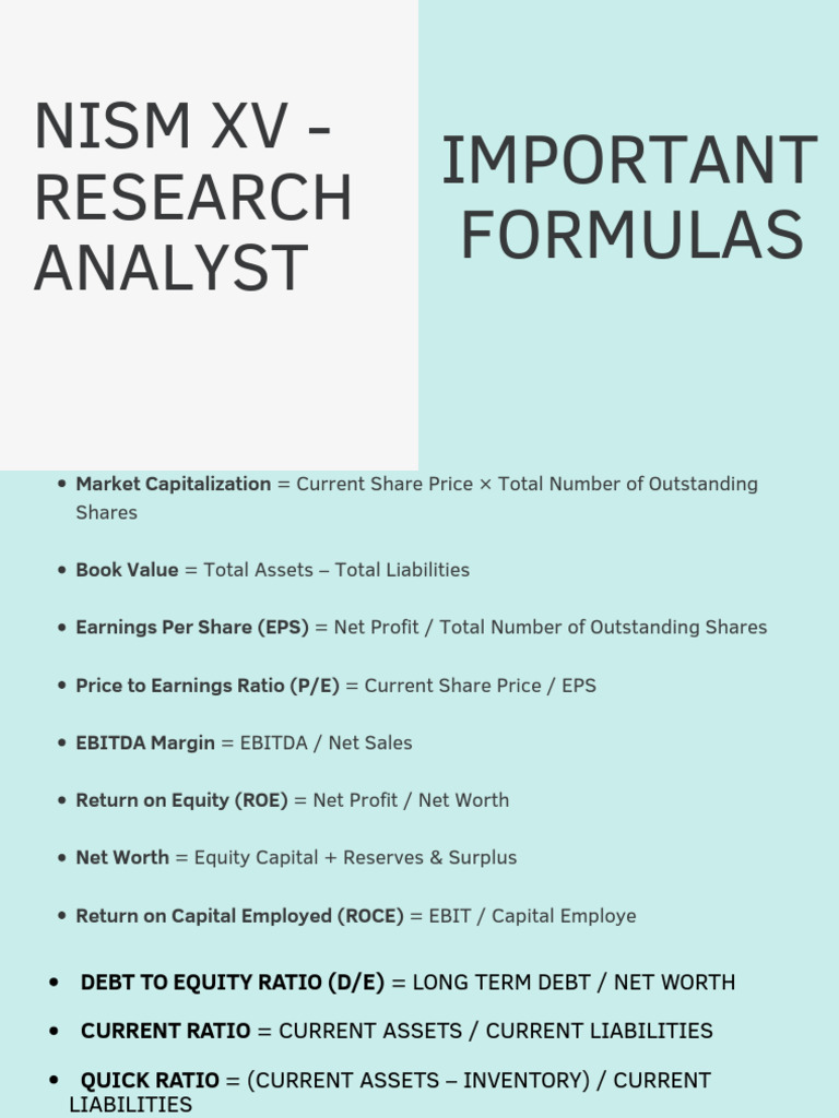NISM Research Analyst Important Formulas | PDF | Equity (Finance) | Revenue