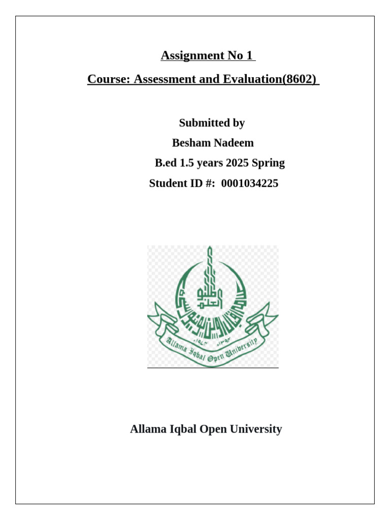 Assignment No 1 Course: Assessment and Evaluation (8602) | PDF ...