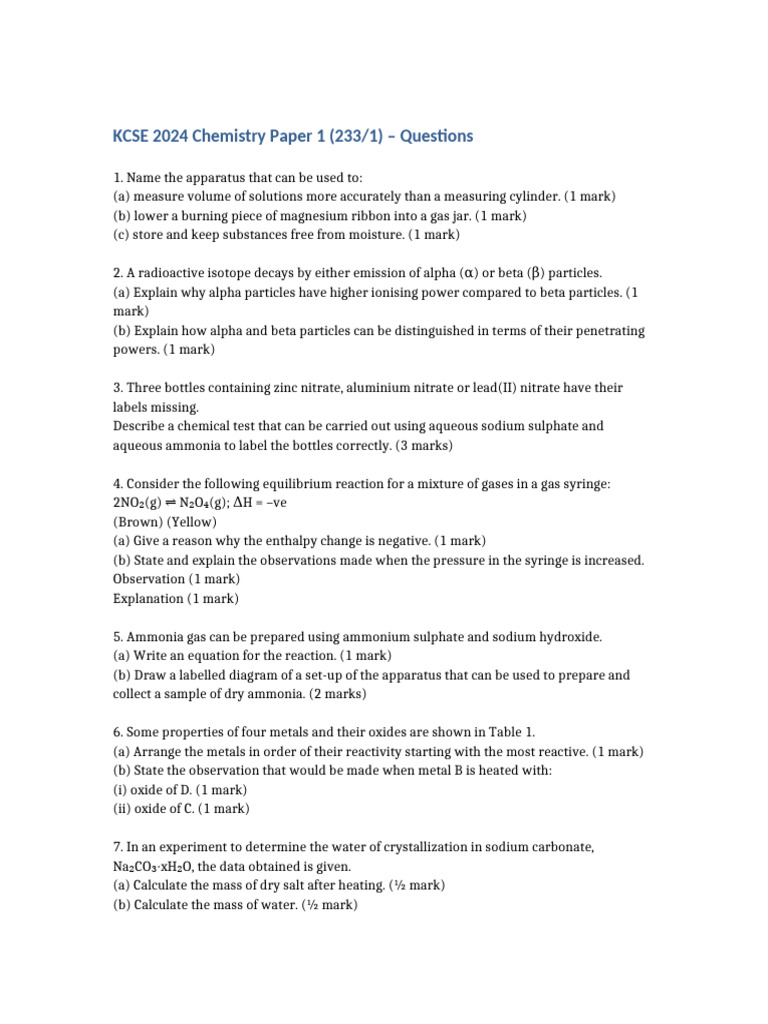 KCSE 2024 Chemistry Paper 1 Typed Questions | PDF | Chemical Reactions ...