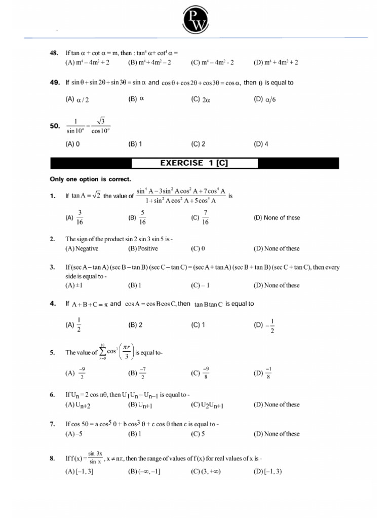 Trigonometric Identities - Assignment 01 - Only PDF-pages-Deleted | PDF