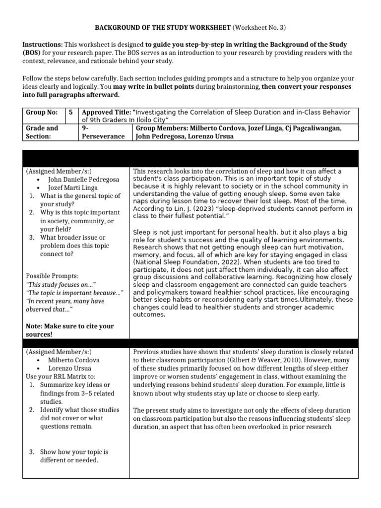 Background of The Study Worksheet | PDF | Teachers | Sleep